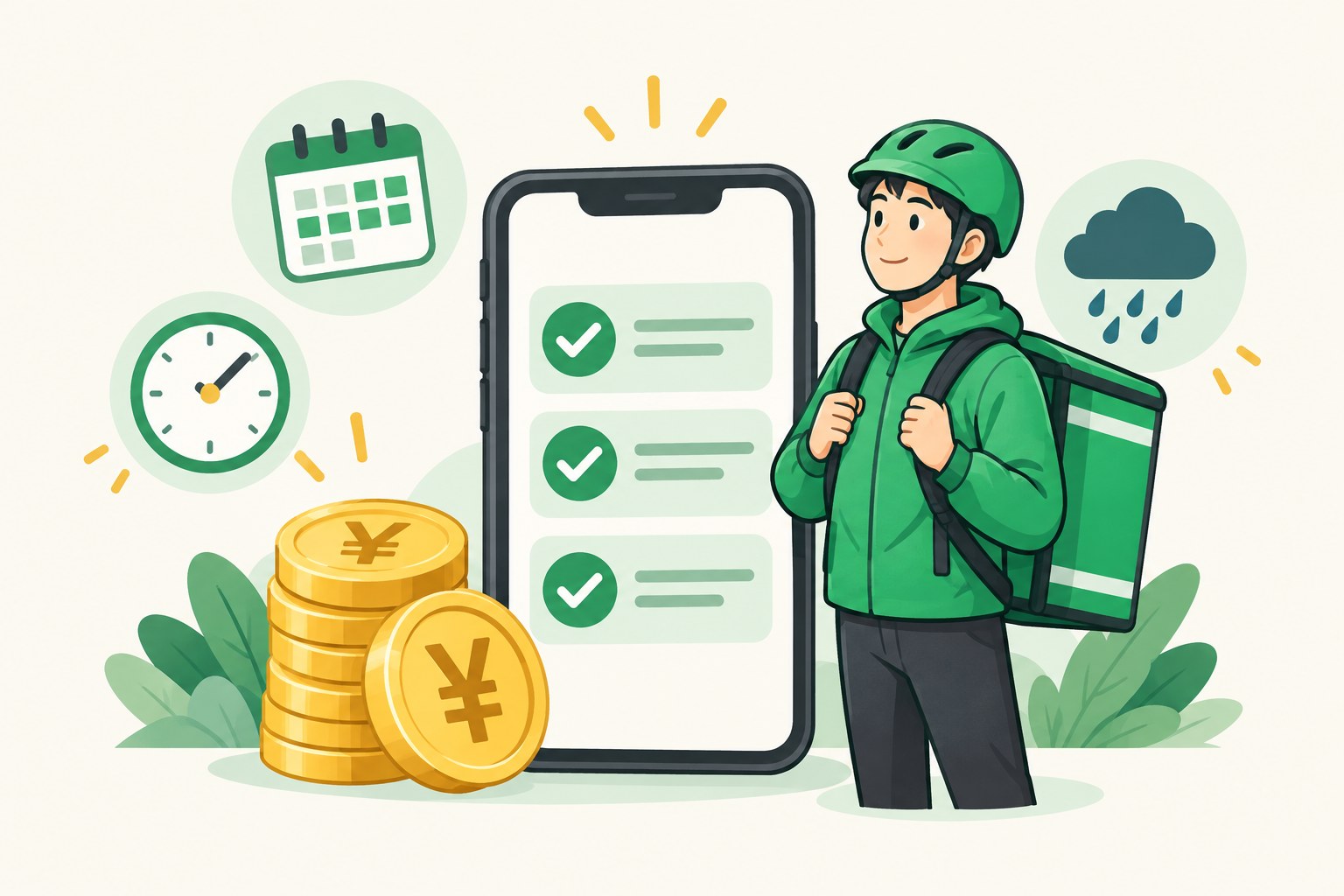 配達クエストの達成チェックと追加報酬を表すスマートフォン、コイン、配達員のイラスト