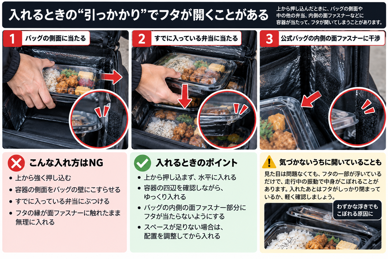 Uber Eats配達バッグに弁当を入れる際、バッグ側面や他の弁当、内側の面ファスナーにフタが引っかかって開く例