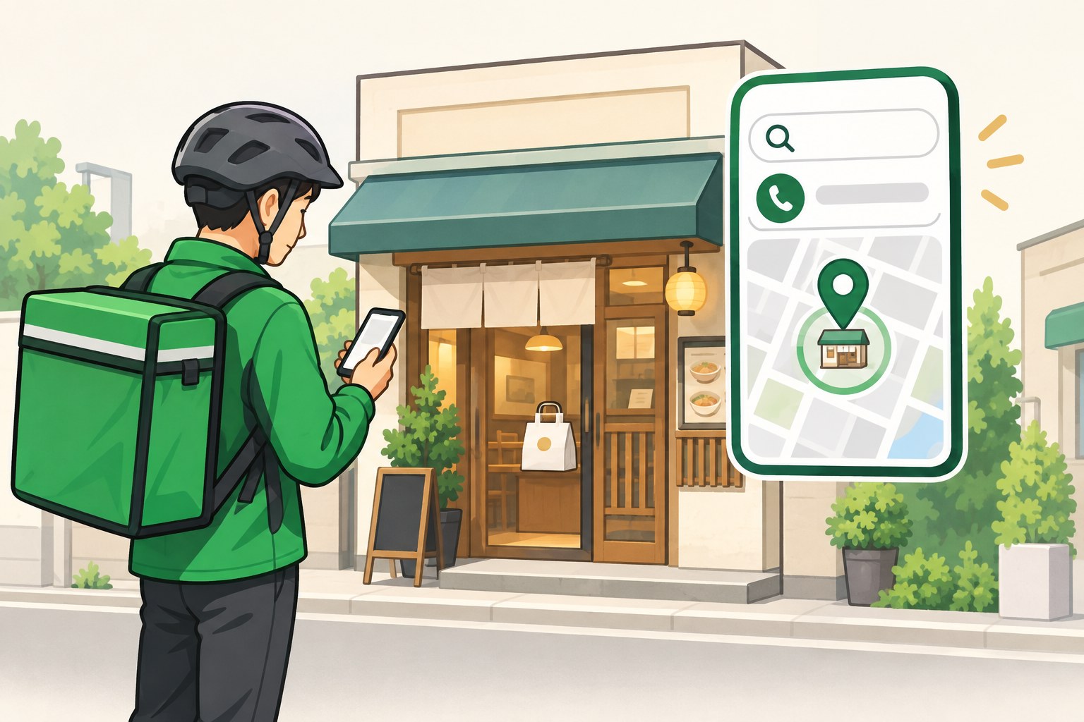 スマートフォンの電話番号検索を使ってゴーストレストランの店舗を探す配達員のイラスト